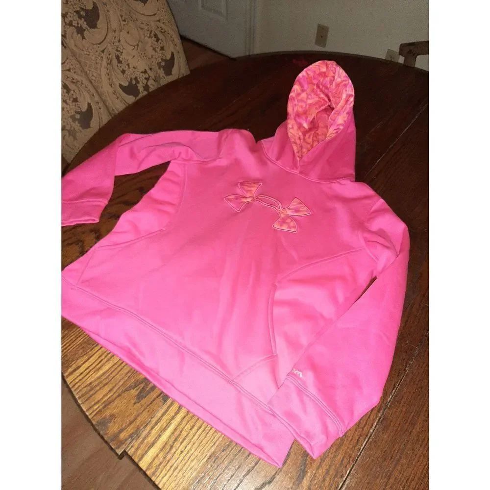 EUC Youth Large Pink Orange Camo Trim Under Armour Storm Hoodie Hooded P…